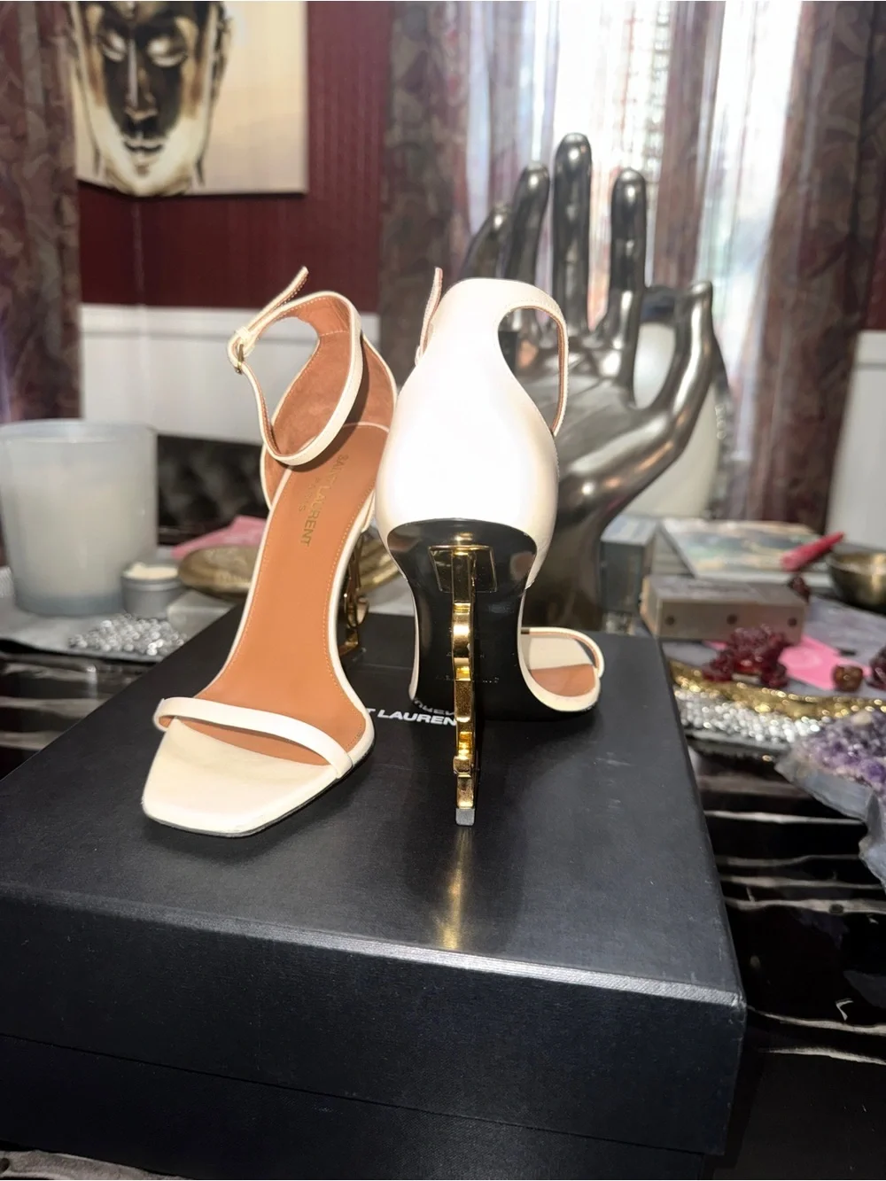 Saint Laurent Cream Leather Sandals with Gold YSL Sculptural Heels - Picture 3 of 4